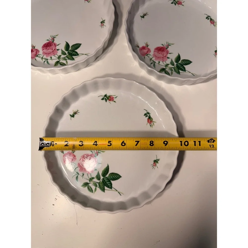 Set of 3 Christineholm Rose Floral Porcelain Quiche Tart Pans 9.5 Inch Fluted